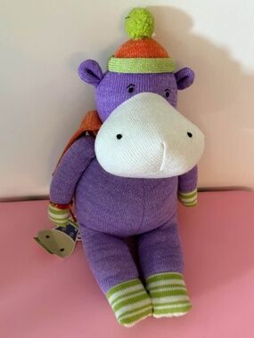 NWT Monkeez & Friends Emma Sock Hippo Plush Purple Knit Stuffed Animal with Hat